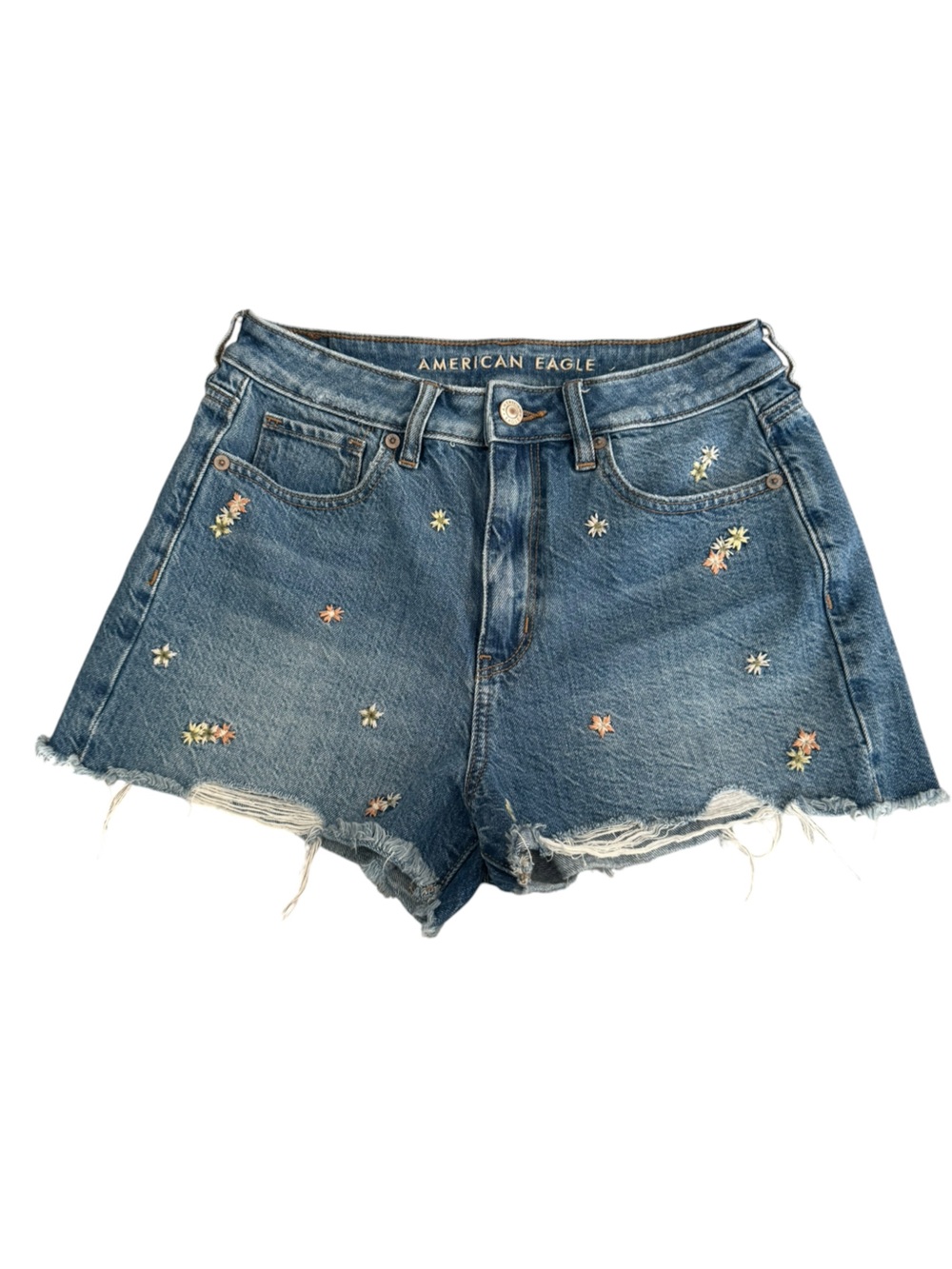 American Eagle Outfitters Blue Embroidered Denim High-Rise Mom Shorts Size 4